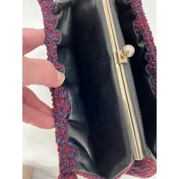 Vintage 50's Wool Red/Blue Tweed Handbag Double Handle Snap Clasp 8" X 12" x 4" - Picture 8 of 13